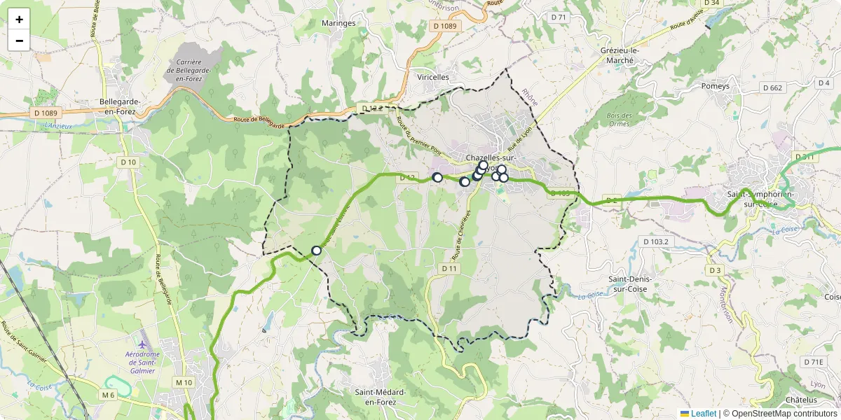 Carte du réseau de transport en commun à Chazelles-sur-Lyon - lignes de bus et arrêts