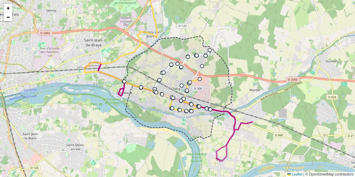 Carte du réseau de transport en commun à Chécy - lignes de bus et arrêts