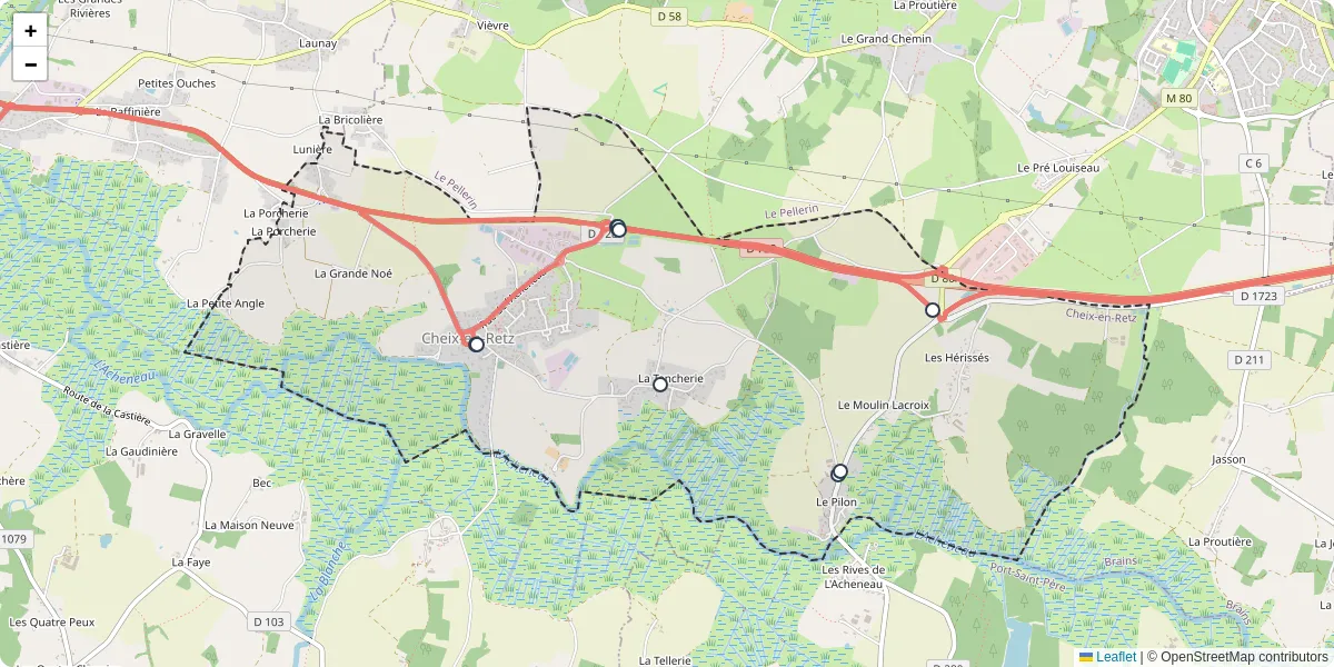 Carte du réseau de transport en commun à Cheix-en-Retz - lignes de bus et arrêts