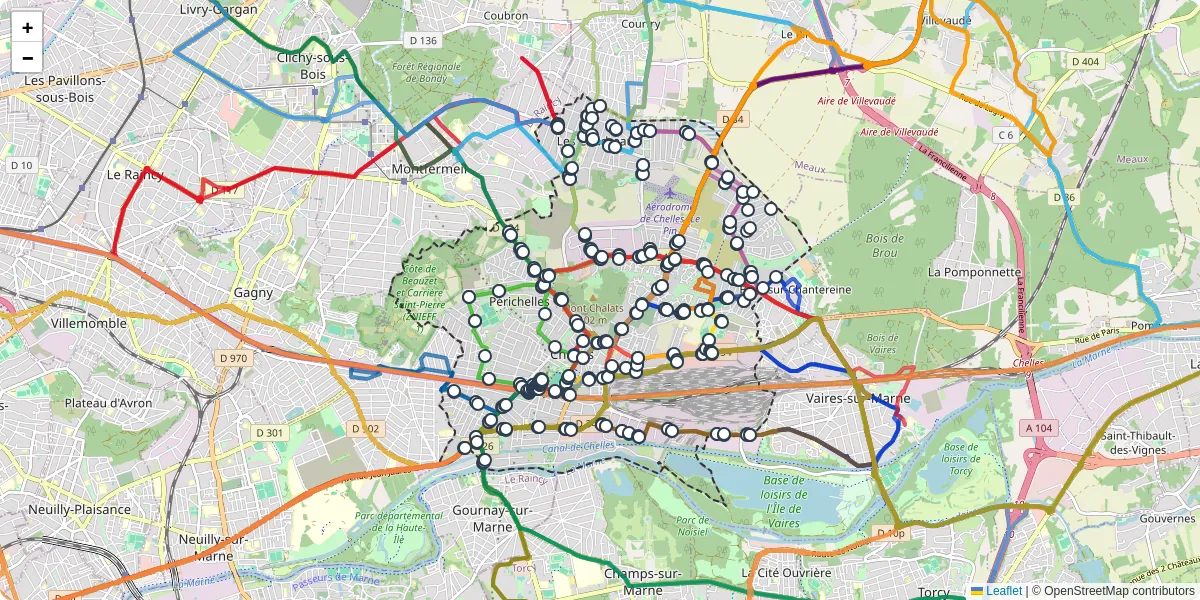Carte du réseau de transport en commun à Chelles - lignes de bus et arrêts