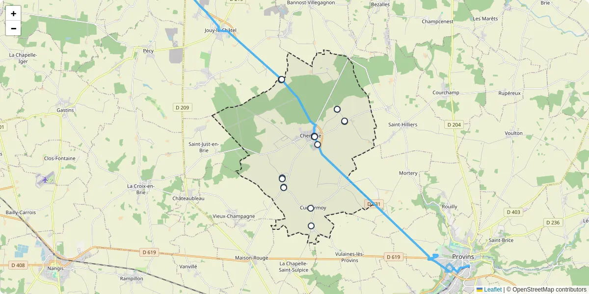 Carte du réseau de transport en commun à Chenoise-Cucharmoy - lignes de bus et arrêts