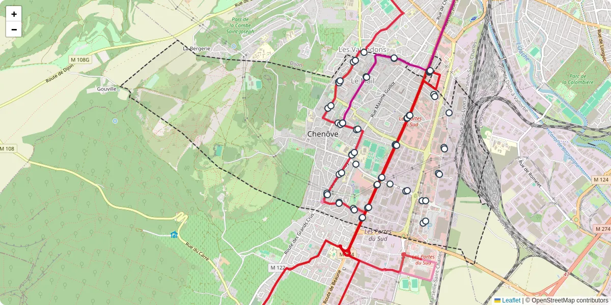 Carte du réseau de transport en commun à Chenôve - lignes de bus et arrêts