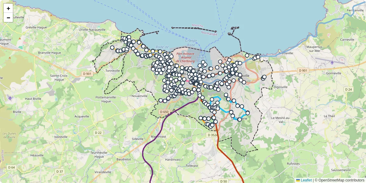 Carte du réseau de transport en commun à Cherbourg-en-Cotentin - lignes de bus et arrêts