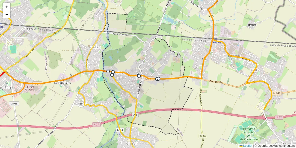 Carte du réseau de transport en commun à Chéreng - lignes de bus et arrêts
