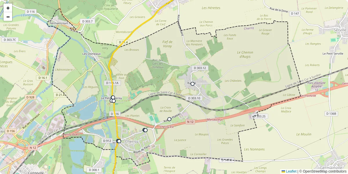 Carte du réseau de transport en commun à Cherisy - lignes de bus et arrêts