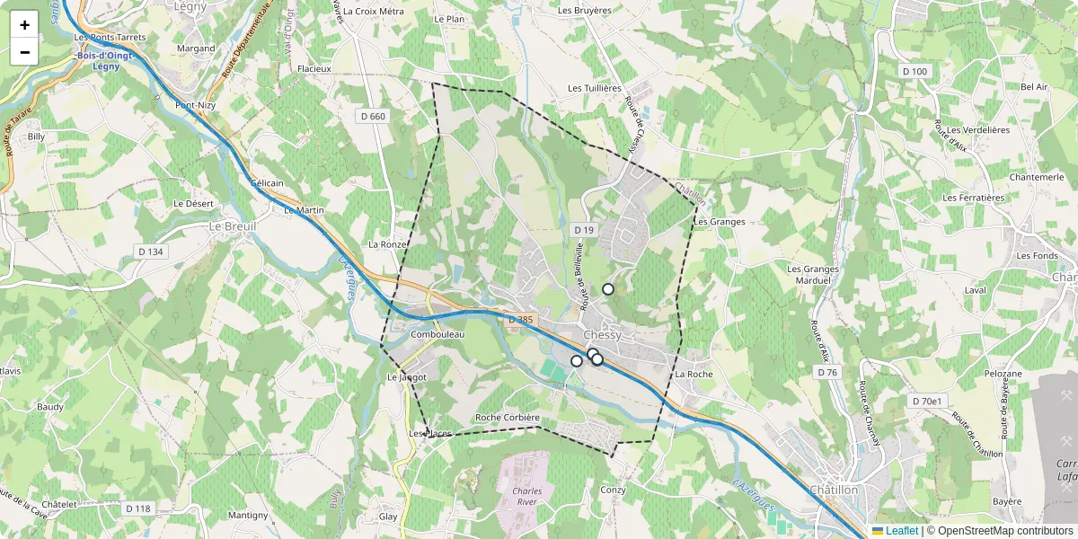 Carte du réseau de transport en commun à Chessy - lignes de bus et arrêts