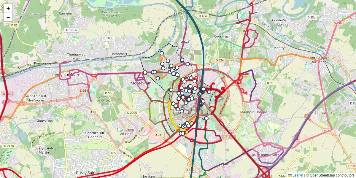Carte du réseau de transport en commun à Chessy - lignes de bus et arrêts