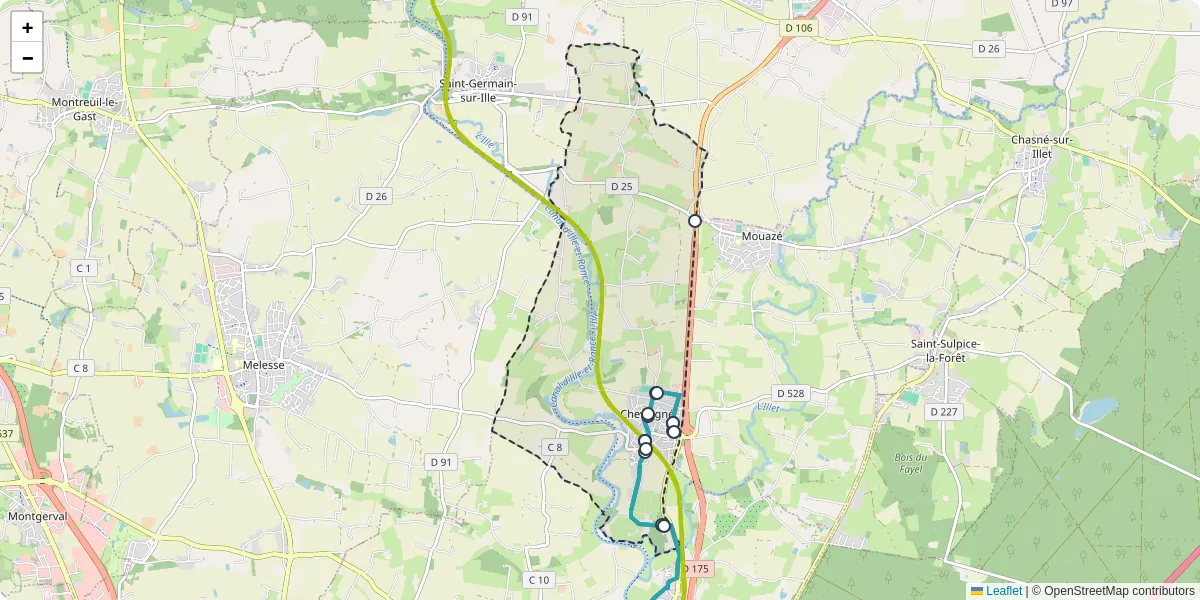 Carte du réseau de transport en commun à Chevaigné - lignes de bus et arrêts