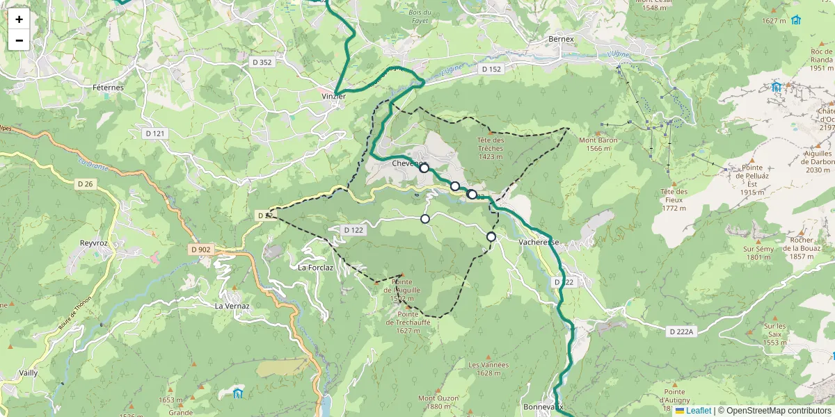 Carte du réseau de transport en commun à Chevenoz - lignes de bus et arrêts