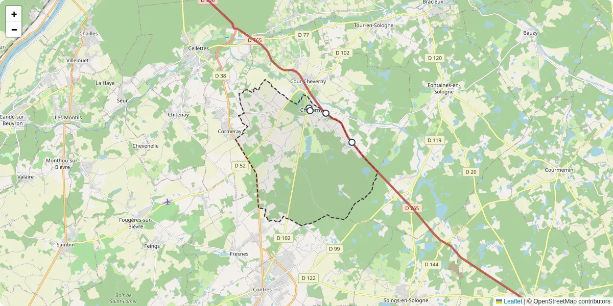 Carte du réseau de transport en commun à Cheverny - lignes de bus et arrêts