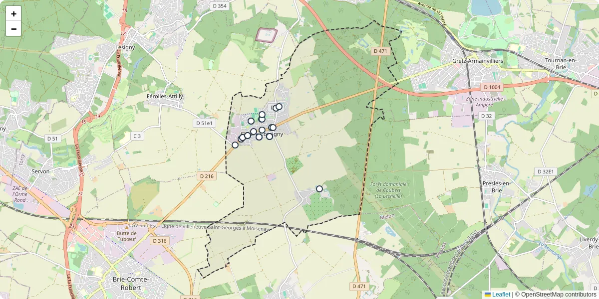 Carte du réseau de transport en commun à Chevry-Cossigny - lignes de bus et arrêts