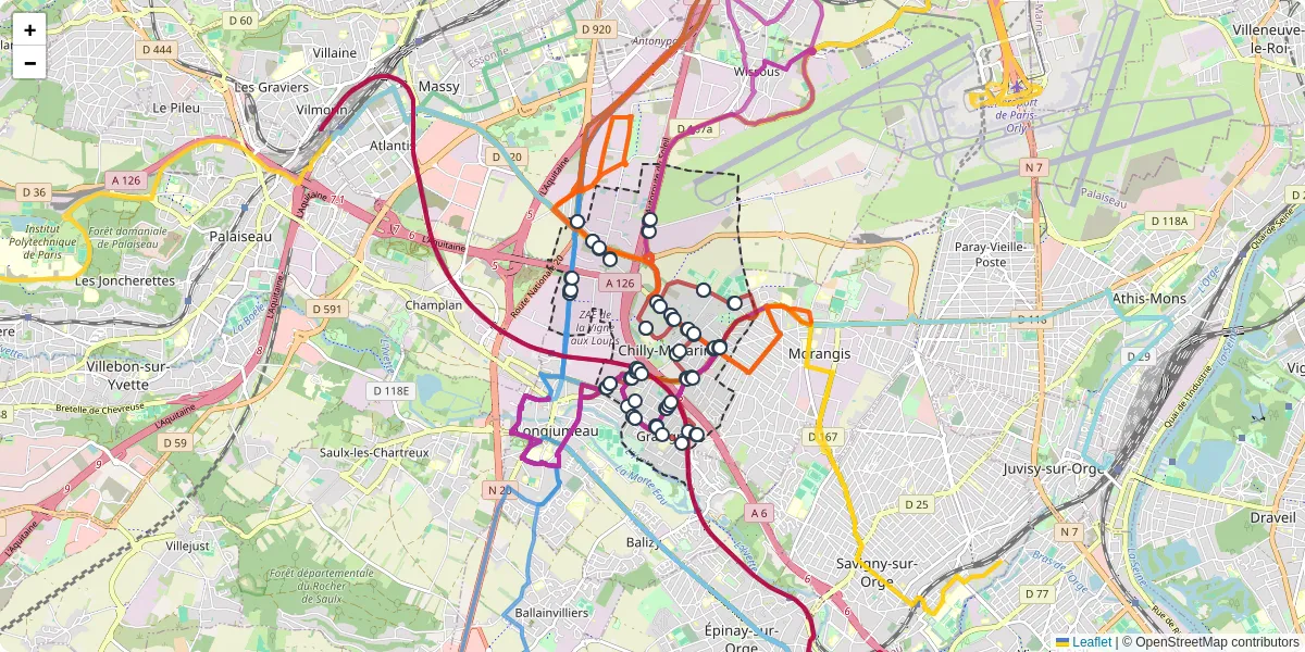 Carte du réseau de transport en commun à Chilly-Mazarin - lignes de bus et arrêts