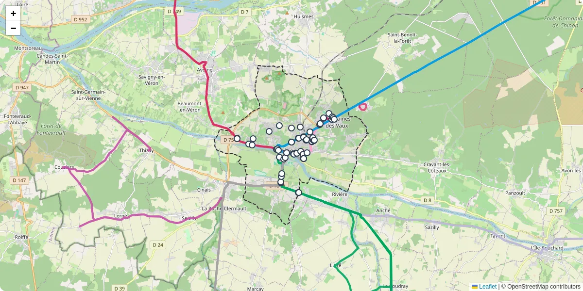 Carte du réseau de transport en commun à Chinon - lignes de bus et arrêts