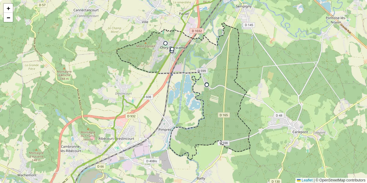 Carte du réseau de transport en commun à Chiry-Ourscamp - lignes de bus et arrêts