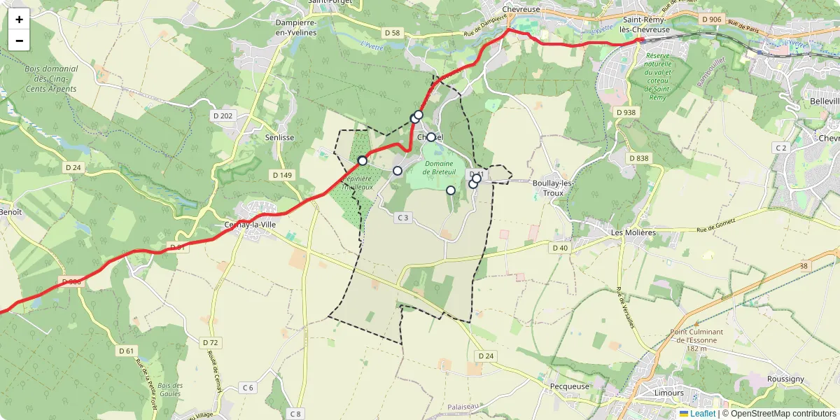 Carte du réseau de transport en commun à Choisel - lignes de bus et arrêts