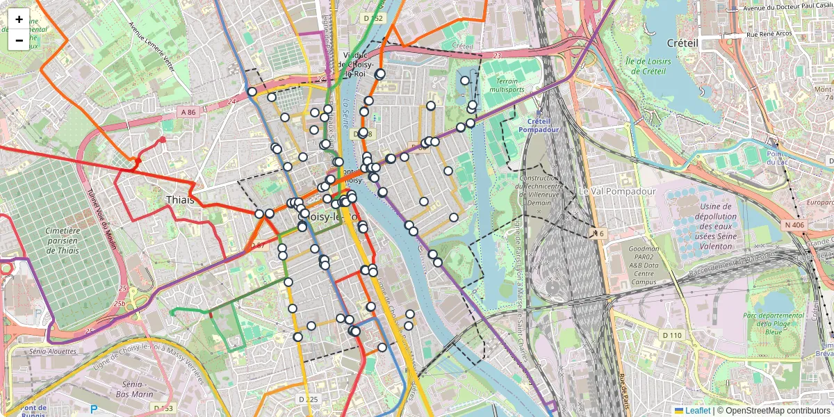 Carte du réseau de transport en commun à Choisy-le-Roi - lignes de bus et arrêts