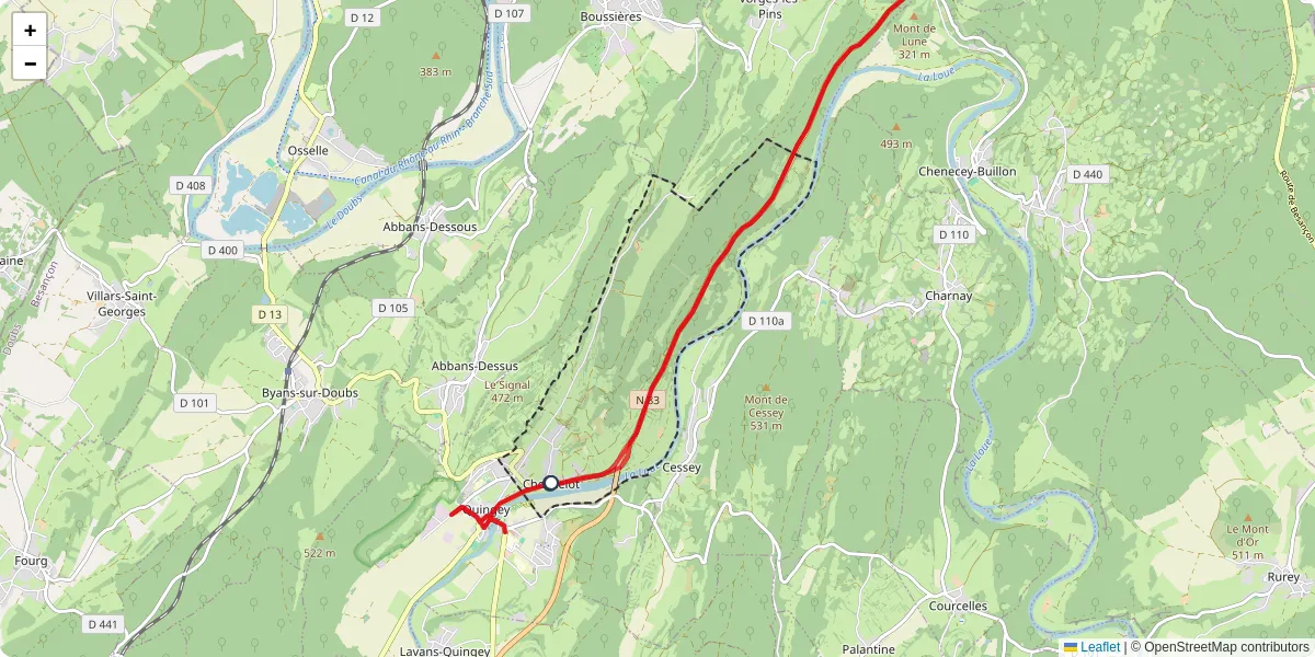 Carte du réseau de transport en commun à Chouzelot - lignes de bus et arrêts