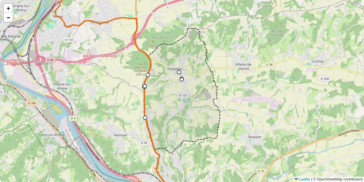 Carte du réseau de transport en commun à Chuzelles - lignes de bus et arrêts