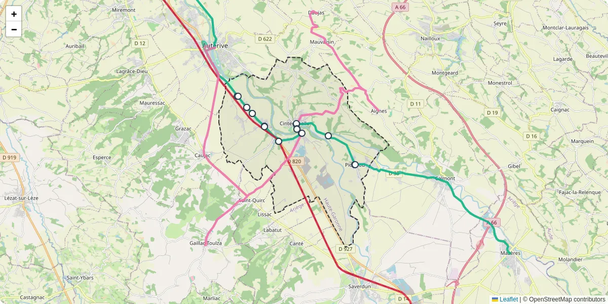 Carte du réseau de transport en commun à Cintegabelle - lignes de bus et arrêts