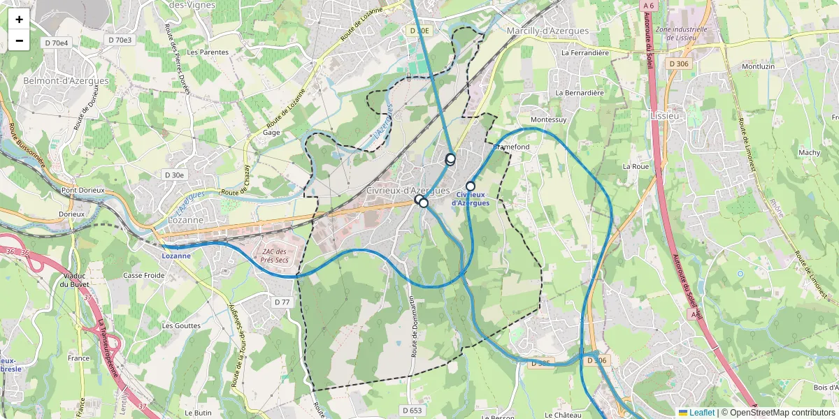 Carte du réseau de transport en commun à Civrieux-d'Azergues - lignes de bus et arrêts