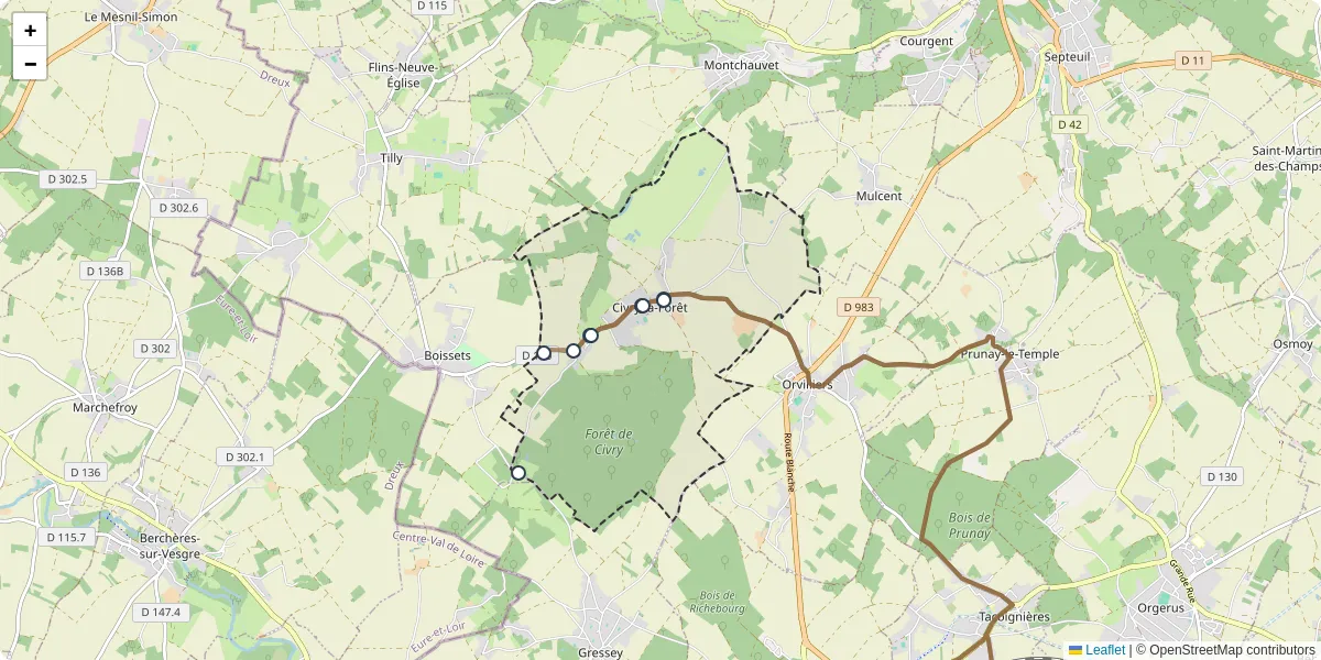 Carte du réseau de transport en commun à Civry-la-Forêt - lignes de bus et arrêts