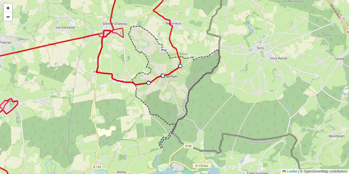 Carte du réseau de transport en commun à Clairfayts - lignes de bus et arrêts