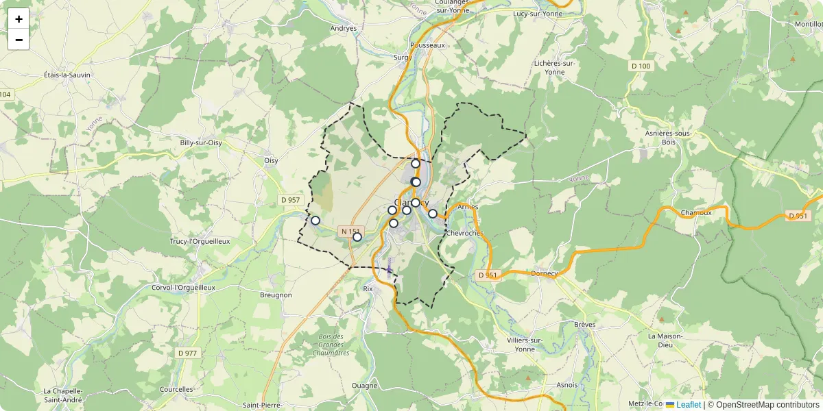 Carte du réseau de transport en commun à Clamecy - lignes de bus et arrêts