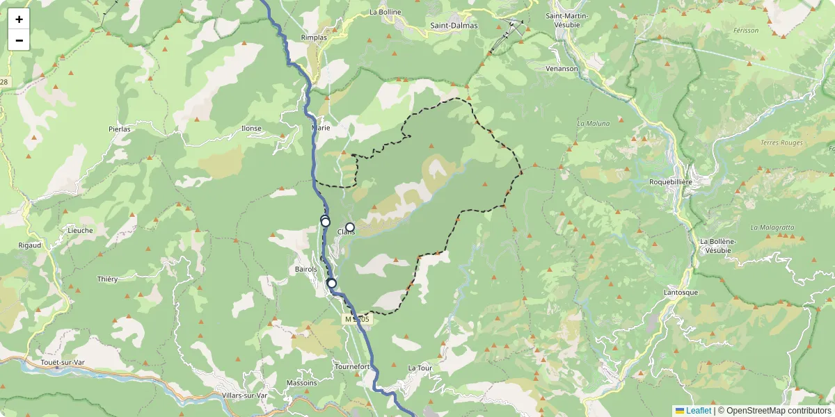 Carte du réseau de transport en commun à Clans - lignes de bus et arrêts