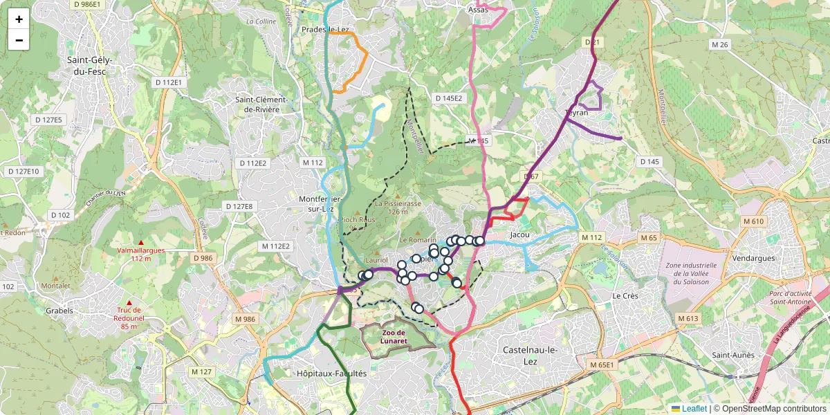Carte du réseau de transport en commun à Clapiers - lignes de bus et arrêts
