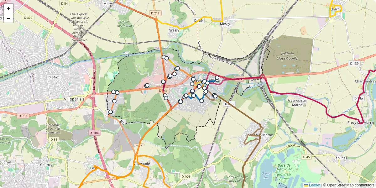Carte du réseau de transport en commun à Claye-Souilly - lignes de bus et arrêts