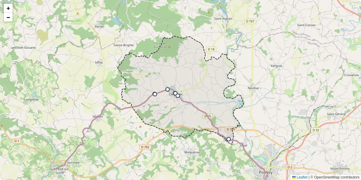 Carte du réseau de transport en commun à Cléguérec - lignes de bus et arrêts