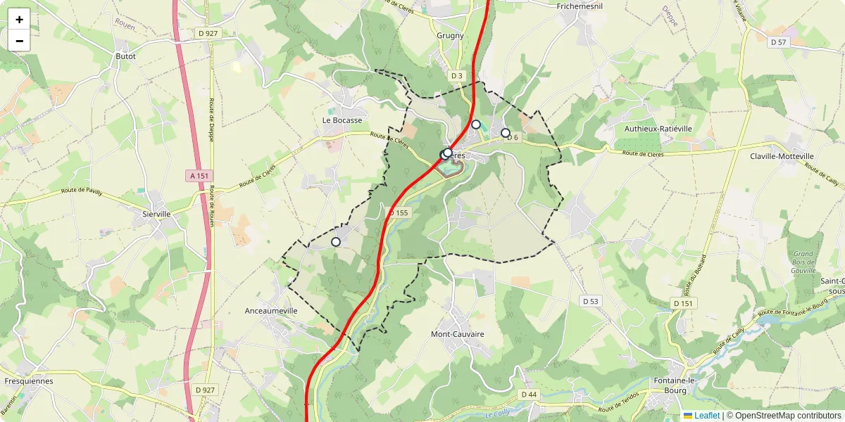 Carte du réseau de transport en commun à Clères - lignes de bus et arrêts
