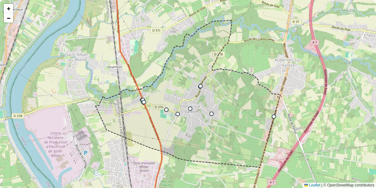 Carte du réseau de transport en commun à Clonas-sur-Varèze - lignes de bus et arrêts