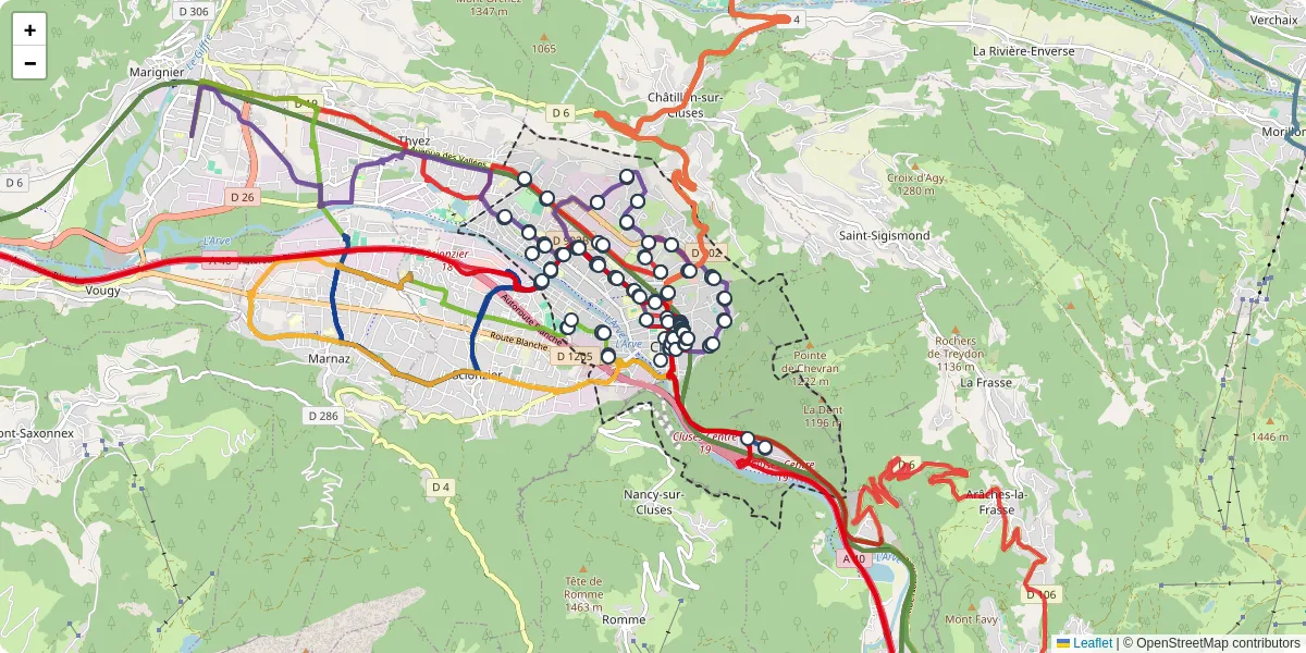 Carte du réseau de transport en commun à Cluses - lignes de bus et arrêts