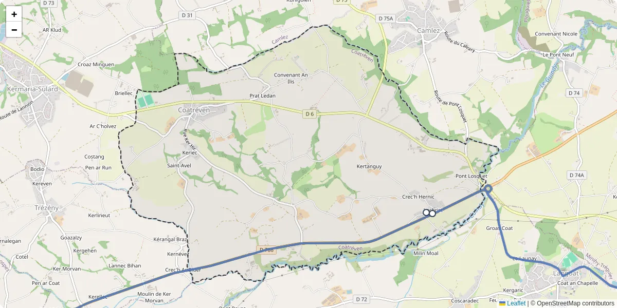 Carte du réseau de transport en commun à Coatréven - lignes de bus et arrêts