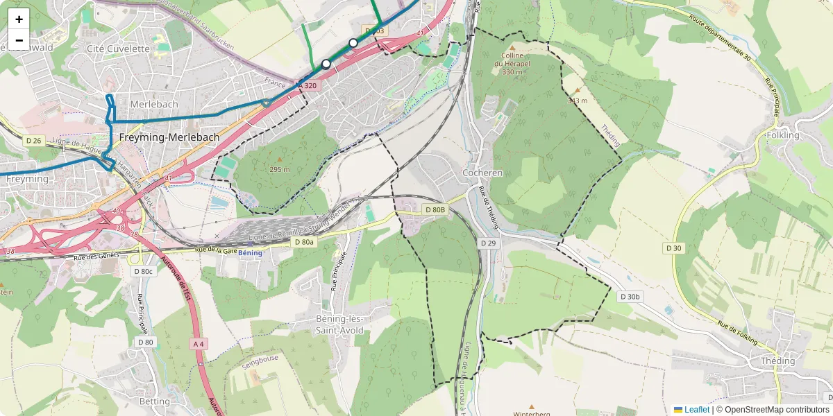 Carte du réseau de transport en commun à Cocheren - lignes de bus et arrêts