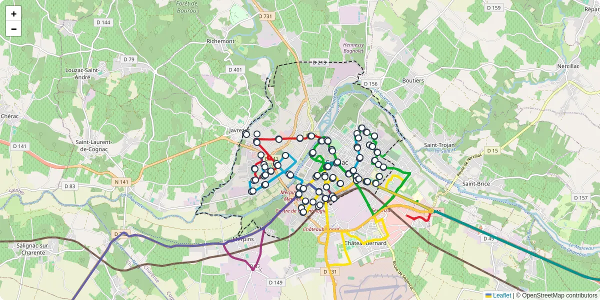 Carte du réseau de transport en commun à Cognac - lignes de bus et arrêts