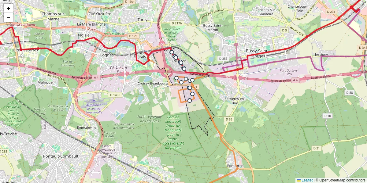Carte du réseau de transport en commun à Collégien - lignes de bus et arrêts