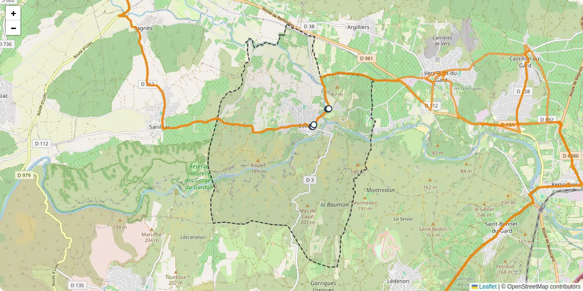 Carte du réseau de transport en commun à Collias - lignes de bus et arrêts