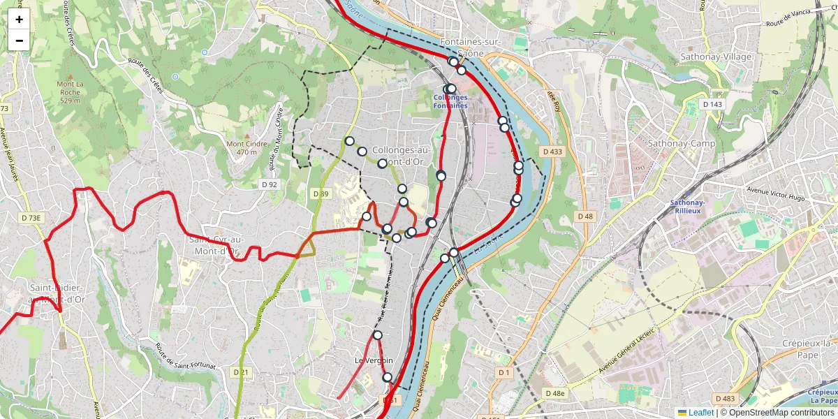 Carte du réseau de transport en commun à Collonges-au-Mont-d'Or - lignes de bus et arrêts