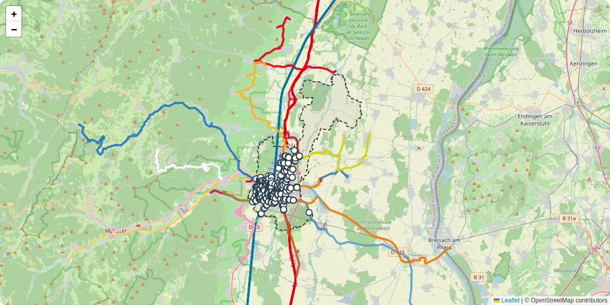 Carte du réseau de transport en commun à Colmar - lignes de bus et arrêts