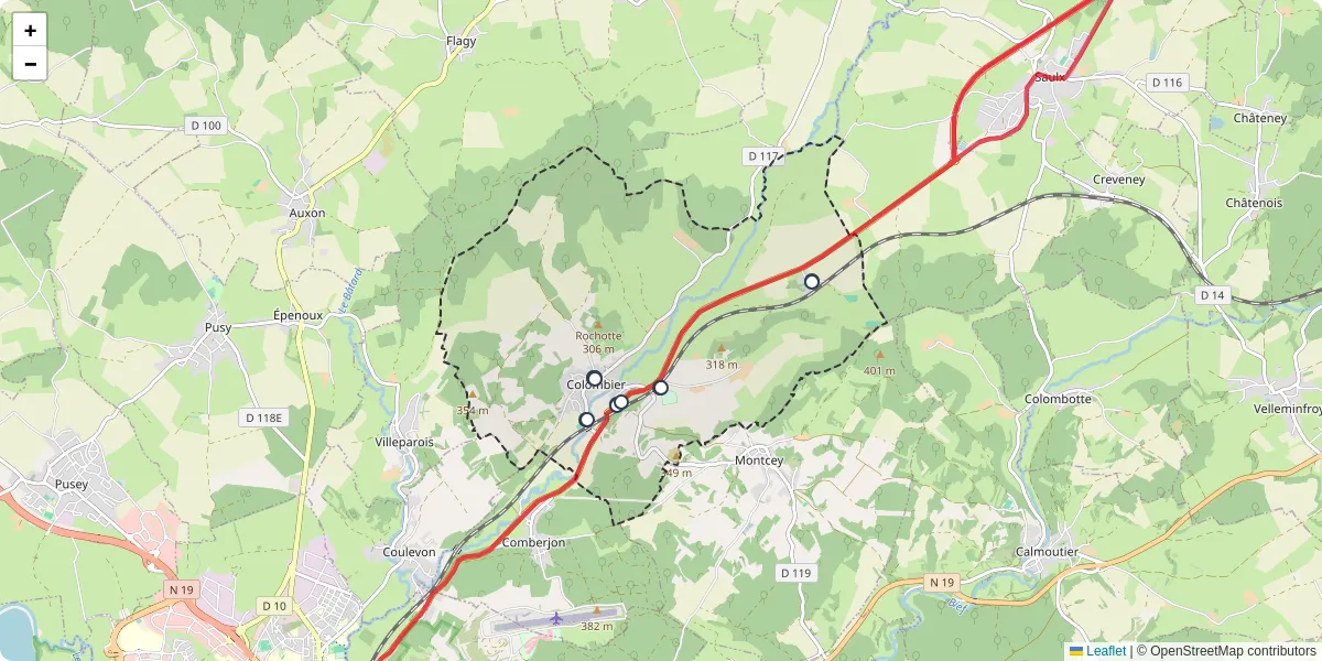 Carte du réseau de transport en commun à Colombier - lignes de bus et arrêts