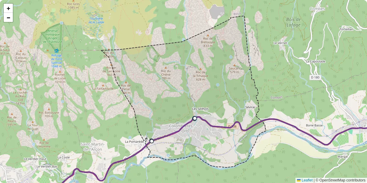 Carte du réseau de transport en commun à Colombières-sur-Orb - lignes de bus et arrêts