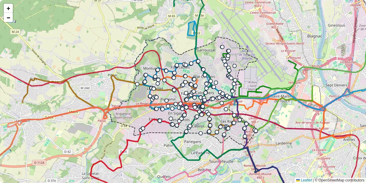 Carte du réseau de transport en commun à Colomiers - lignes de bus et arrêts