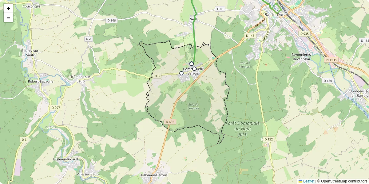Carte du réseau de transport en commun à Combles-en-Barrois - lignes de bus et arrêts