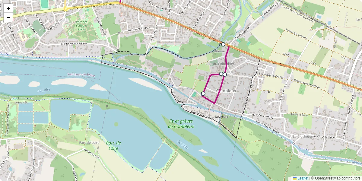 Carte du réseau de transport en commun à Combleux - lignes de bus et arrêts
