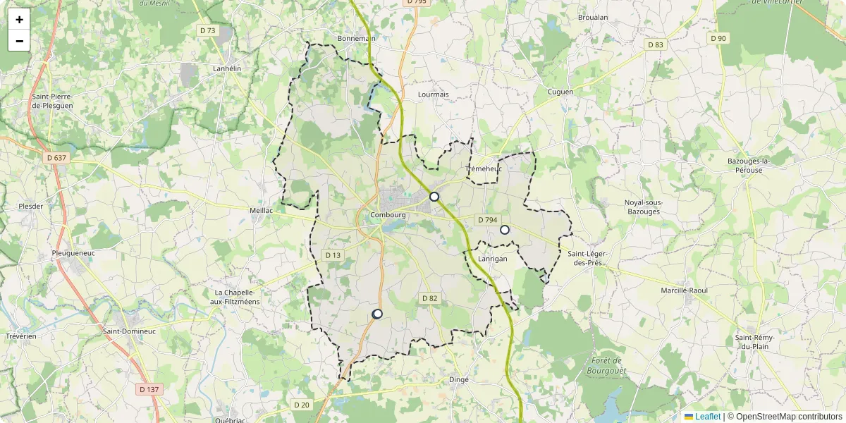 Carte du réseau de transport en commun à Combourg - lignes de bus et arrêts