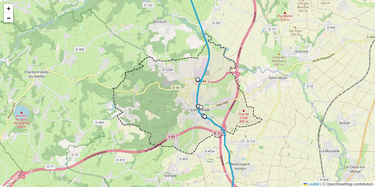 Carte du réseau de transport en commun à Combronde - lignes de bus et arrêts