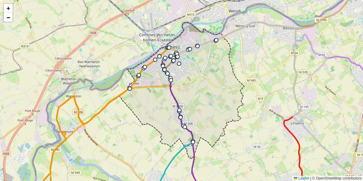 Carte du réseau de transport en commun à Comines - lignes de bus et arrêts