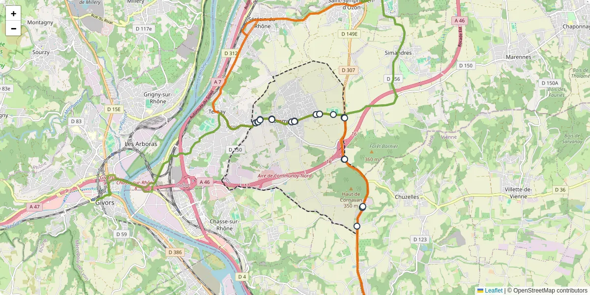 Carte du réseau de transport en commun à Communay - lignes de bus et arrêts